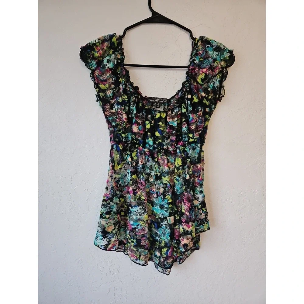 Almost Famous Sz Small Y2k Babydoll Sheer Blouse Floral whimsigoth fairygrunge - Picture 3 of 10